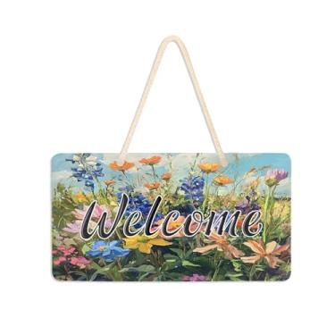 Imagem de Burbuja Placa de boas-vindas de flores silvestres coloridas de campo para porta da frente, placa de boas-vindas de PVC para decoração de férias, 15 x 28 cm
