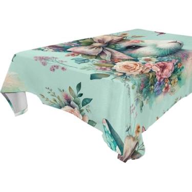 Imagem de Burbuja Toalha de mesa floral com cabeça de coelho, toalha de mesa retangular, anti-rugas, grossa para decoração de jantar, cozinha, festa, 152 x 274 cm