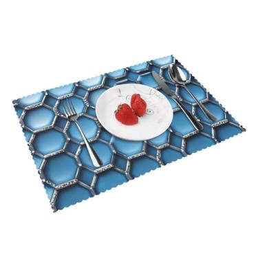 Imagem de Jogo americano de mesa de jantar requintado com hexágonos azuis e diamantes laváveis tapetes antiderrapantes para cozinha decoração de casa