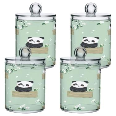 Imagem de STAYTOP 4 frascos de boticário de panda fofo dispensador Qtip para banheiro com etiquetas - recipiente de armazenamento Qtip de plástico transparente para bola de algodão, cotonete, grão de café