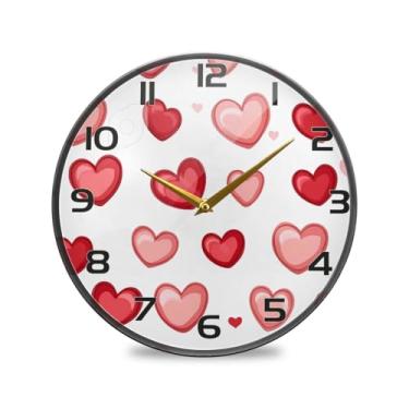 Imagem de YETTASBIN Relógio de parede acrílico com corações vermelhos e rosa - Silencioso, sem tique-taque, operado por bateria, relógio redondo decorativo criativo para cozinha, sala de estar, banheiro