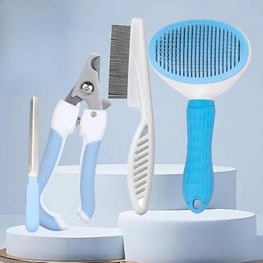 Imagem de Conjunto de 4 peças para cuidados com animais de estimação: escova para remoção de pelos, pente para pulgas, cortador de unhas + lixa de unhas para cuidados completos com cães e gatos (Azul)