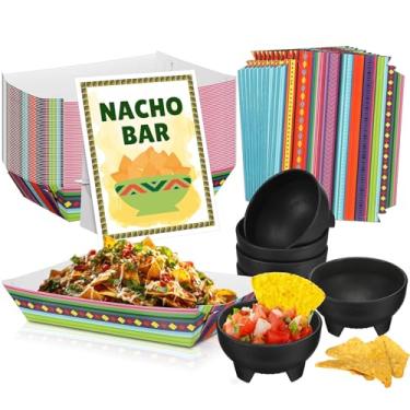 Imagem de Potchen 57 peças de suprimentos para noites de taco mexicano, 50 bandejas de comida montadas de plástico, 6 tigelas de salsa mexicanas, placa de mesa de nacho, suporte para decoração de festas do