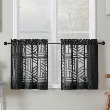 Imagem de Simplebrand Cortinas de cozinha pretas transparentes de 61 cm de comprimento, 2 painéis, cortina de janela curta semitransparente texturizada com filtro de luz geométrica jacquard para banheiro, 76 x