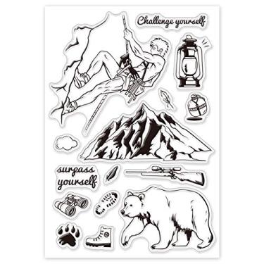 Imagem de 1 folha de carimbos de plástico de PVC, carimbo de silicone com tema esportivo, estampa reutilizável de palavras da montanha de urso para fazer álbuns de fotos faça você mesmo, 16 x 11 x 0,3 cm