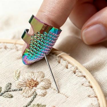 Imagem de 2 peças de dedais de costura, agulhas de tecelagem, acessórios de artesanato, ferramentas faça você mesmo, protetores de ponta de dedo de metal para costura, dedais, colorido, P + M