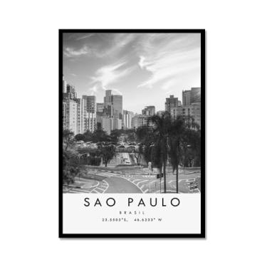 Imagem de Pôster de viagem preto e branco impressão paisagem da cidade do mundo pintura em tela de São Paulo imagem de arte de parede decoração de casa (12 x 16 polegadas (30 x 40 cm), moldura de metal)