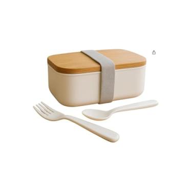 Imagem de Marmiteira Branca com Talheres, 900ml, PP e PS, 2 Divisórias, Tampa Dupla com Vedação, 20x12x7cm, Ideal para Trabalho e Escola