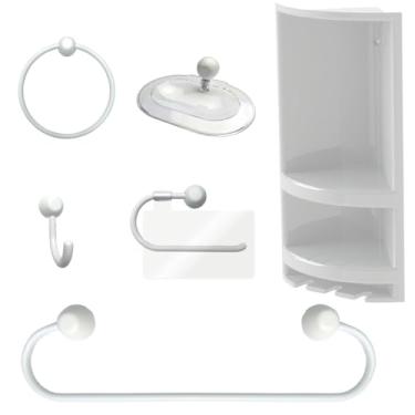 Imagem de Suporte de Canto Cantoneira Porta Shampoo Branco + Kit Para Banheiro Redondo 5 Pçs Branco