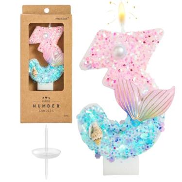 Imagem de PHD CAKE Velas de aniversário de sereia azul rosa número 3 de 7,76 cm, número de sereia, velas com número de bolo, celebração de festa