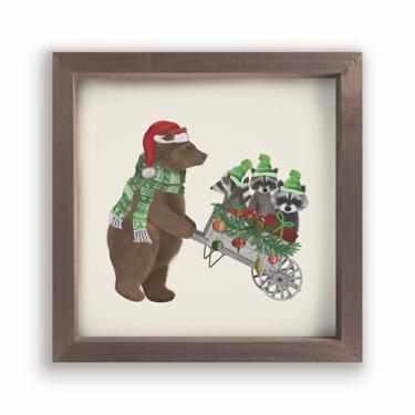 Imagem de P. Graham Dunn Arte de parede emoldurada Decoração de Natal da floresta, 28 cm x 28 cm, cena de vagão de urso e guaxinim