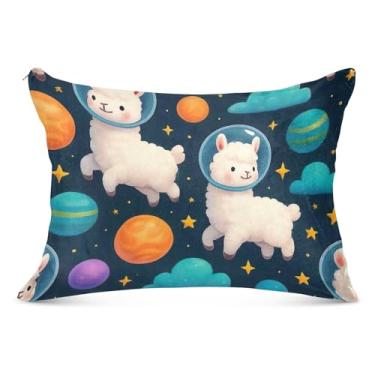 Imagem de Lindas Lhamas Astronauta Azul Fronhas Decorativas Flanela Padrão Queen King Size Fronha Desenho de Cama Decoração de Casa, Tamanho Queen, 50,8 cm x 76,2 cm