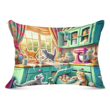 Imagem de Cute Cats Kitchen Teal Fuzzy Fronha com Zíper Padrão Queen King Size Capas de Travesseiro Decoração de Casa Bonita, Tamanho King, 50,8 cm x 101,6 cm