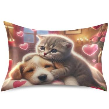 Imagem de Puppy Kitten Valentine Almofada de cetim confortável almofada de resfriamento king queen padrão cama gráfica presentes de vida saudável, tamanho king, 101,6 cm x 50,8 cm