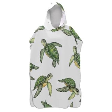 Imagem de TSENQUE Aquarela Tartarugas Marinhas Verdes Roupão Branco Trocador para Adultos Poncho de Surfe Absorvente Unissex Adulto Poncho com Capuz Toalha de Natação
