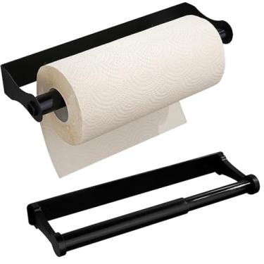 Imagem de Suporte de toalha de papel 2 peças sob o armário, suporte de parede autoadesivo e montado em broca, barra de toalha de cozinha/banheiro de aço inoxidável para cozinha, banheiro, despensa, garagem