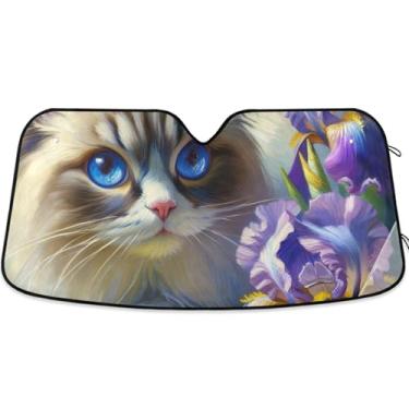 Imagem de Guarda-sol personalizado Ragdoll Gato Íris Flor para Carro Para-brisa Bonito Dobrável Caminhão Carro Sombra Frontal Para-brisa Automotivo M, 139.7 cm x 70.1 cm