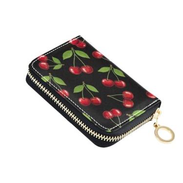 Imagem de Carteira de couro feminina com bloqueio de RFID, porta-moedas pequena com zíper, porta-chaves, vermelho brilhante, cereja, folhas verdes