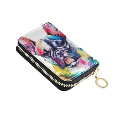 Imagem de Carteira pequena feminina para cartão de crédito, bloqueio de RFID, zíper ao redor com zíper, porta-chaves, aquarela, buldogue francês
