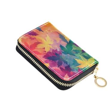 Imagem de Carteira feminina de couro com bloqueio de RFID, carteira pequena para moedas com zíper, arte colorida de outono