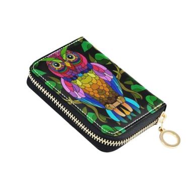 Imagem de Carteira feminina preta com corujas coloridas vibrantes e pequenas carteiras para cartão de crédito com bloqueio de RFID com zíper e chaveiro