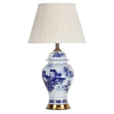 Imagem de Abajur de mesa em porcelana azul e branca com esmalte cerâmico, estilo oriental, modelo jarro de gengibre, ideal para quarto ou mesa de cabeceira. Abajur tradicional art déco, todo em cobre,