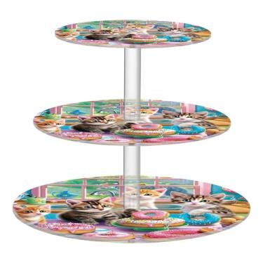 Imagem de Suporte de cupcake para festa de chá de 3 níveis para copo de casamento, torre de bolo, exibição de acrílico, gatos fofos com donuts, suportes de sobremesa, decorações de mesa para festa com estampa