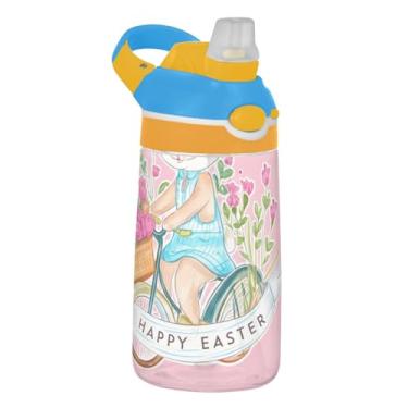 Imagem de Garrafa de água esportiva infantil Tritan de 473 ml com tampa de canudo garrafa de água à prova de vazamento para escola reutilizável copo infantil de 473 ml, alça de transporte, coelhinho fofo floral