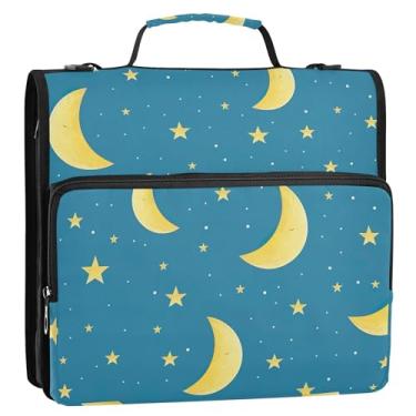 Imagem de Fichários com 3 anéis de desenho animado, 3 cm, lua, estrelas, azul, com zíper, portfólio, comporta 500 folhas com alça bolsa escolar