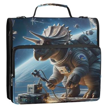 Imagem de Fichários divertidos de 3 anéis, anel D de 3 cm, astronauta, dinossauros, engraçado, organizador com zíper, pasta de portfólio de armazenamento com alça escolar, bolsa com alça de ombro