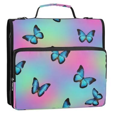 Imagem de Bolsa organizadora de fichário com zíper arco-íris e borboletas azuis e pretas, com alça, 3 anéis, comporta 500 folhas, armazenamento de documentos com vários bolsos para escola, escritório, viagens