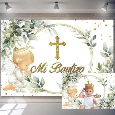Imagem de Pano de fundo de 1,5 x 0,9 m Mi Bautizo Primeira Comunhão Batizo, decoração de festa de batismo, anjo Deus abençoe, verde, folha de eucalipto, fundo fotográfico para chá de bebê recém-nascido
