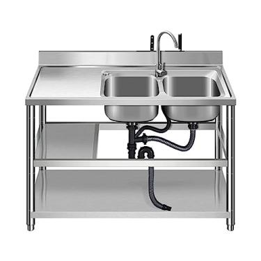 Imagem de Pia dupla de aço inoxidável independente, pia de catering de cozinha comercial, lavatório utilitário de 2 compartimentos com bancada de trabalho e prateleiras de armazenamento (120 cm/47,2 pol