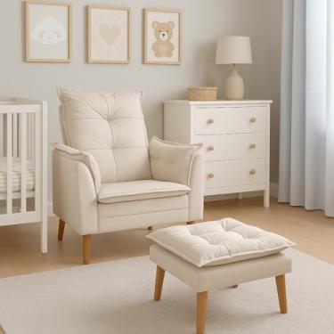 Imagem de Conjunto Poltrona Retrô + Puff com Pés Palito - Veludo Bege-Cinza, Estrutura em Madeira de Eucalipto, para Sala(Bege)