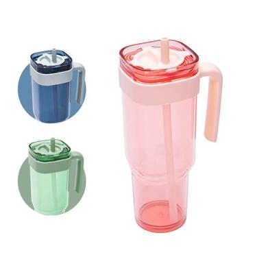 Imagem de Prestoor Copo de canudo à prova de vazamento com tampa e canudo de parede dupla, caneca de café fina, reutilizável, sem BPA, alça integrada, lavável na lava-louças