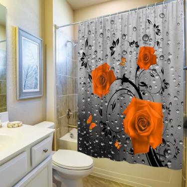 Imagem de Cortina de chuveiro de flor rosa laranja moda menina borboleta floral dia dos namorados romântico cinza moderno gota de água abstrato banheira conjunto de acessórios de banheiro tecido de poliéster