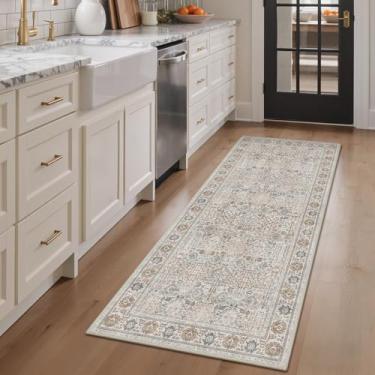 Imagem de Bavni Tapete de corredor de 6 x 15 cm para corredores, tapete lavável antiderrapante, estilo estampa floral vintage para quarto - Tapete leve de pelo baixo para corredores e banheiro, bege gery