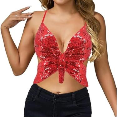 Imagem de Regata feminina sexy com glitter e borboleta, corte baixo, colete tubular para dança do ventre, Vermelho, M