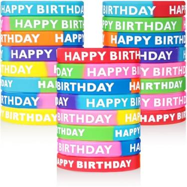 Imagem de LovesTown 24 pulseiras de borracha de feliz aniversário, pulseiras elásticas de silicone para artigos de festa infantil
