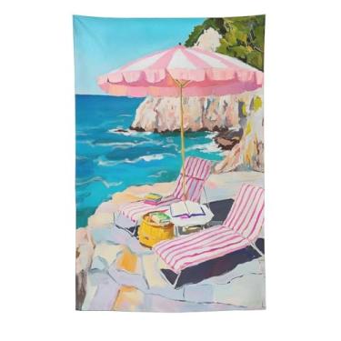 Imagem de Tapeçaria rosa para guarda-sol e cadeiras, penhasco costeiro, vista para o oceano, pintura a óleo, vibrante, decoração de parede, tema de praia, decoração de casa para quarto, sala de estar, ambiente
