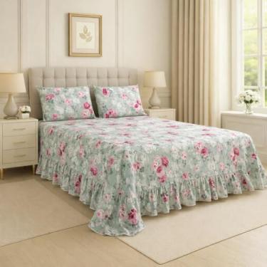 Imagem de Kit Lençol Queen 3 Peças Micropercal Toque de Algodão com Babado e Fronhas Premium (Garden)