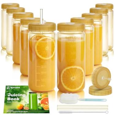 Imagem de Ruckae Garrafas de vidro de 473 ml com escala dupla - pacote com 10 garrafas de vidro reutilizáveis com tampas e canudos para sucos, vitaminas, água, recipientes de suco de kombucha para cozinha