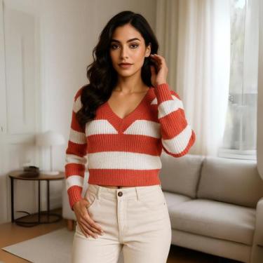 Imagem de Blusa Feminina de Tricot Listrada Gola V Manga Longa Elegante - Vitrin