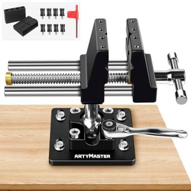 Imagem de ArtyMaster Torno de bancada giratória de junta esférica de 10 cm de 360°, torno de bancada de trabalho de alumínio resistente com trava rápida de catraca, almofadas de mandíbula de silicone, ideal