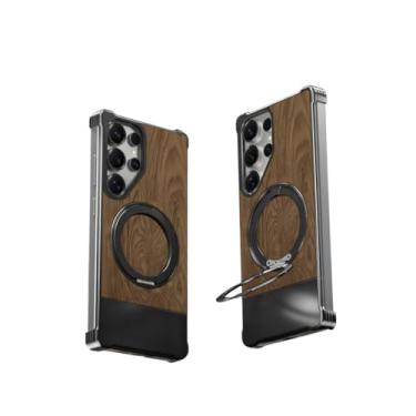 Imagem de Capa magnética para celular com suporte giratório de 360°, capa de metal de grão de madeira compatível com Samsung S25 S24 S23 Ultra, ultrafina de 2,5 mm (preta, Samsung Galaxy S24 Ultra)