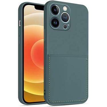 Imagem de AEHON GLUDGOAT Capa compatível com iPhone 13 Pro, com porta-cartão, capa de silicone líquido à prova de choque, forro de microfibra macia anti-arranhões, cinza grama (cor: verde escuro)