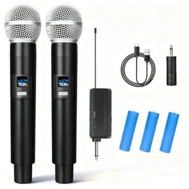 Imagem de HUACAM Conjunto de microfones recarregáveis, captação dupla, plug and play, tela de LED, compatível com máquinas de karaokê, etc
