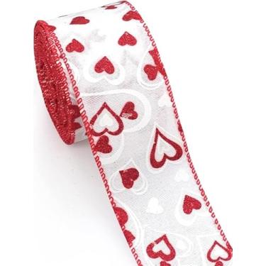 Imagem de Fitas de tecido para dia dos namorados, fita de serapilheira com fio com borda de coração de amor branca para o dia dos namorados, decoração de presente de festa para uso interno e externo (6 cm x 10