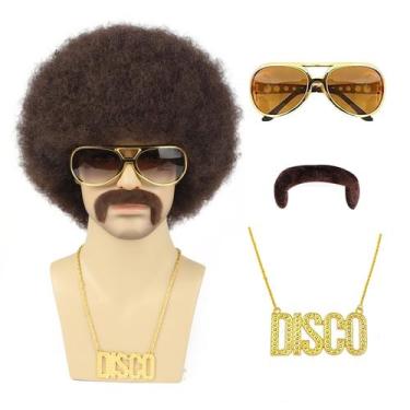 Imagem de Conjunto de perucas afro TUOFLY 70s para homens com colar de óculos ma