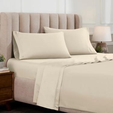 Imagem de Superior Jogo de lençol de algodão egípcio de 4 peças, luxuoso, 1000 fios, design moderno, lençóis sustentáveis, básicos ultramacios, sólido, lençol com elástico alto, lençol de cima, fronhas, casal